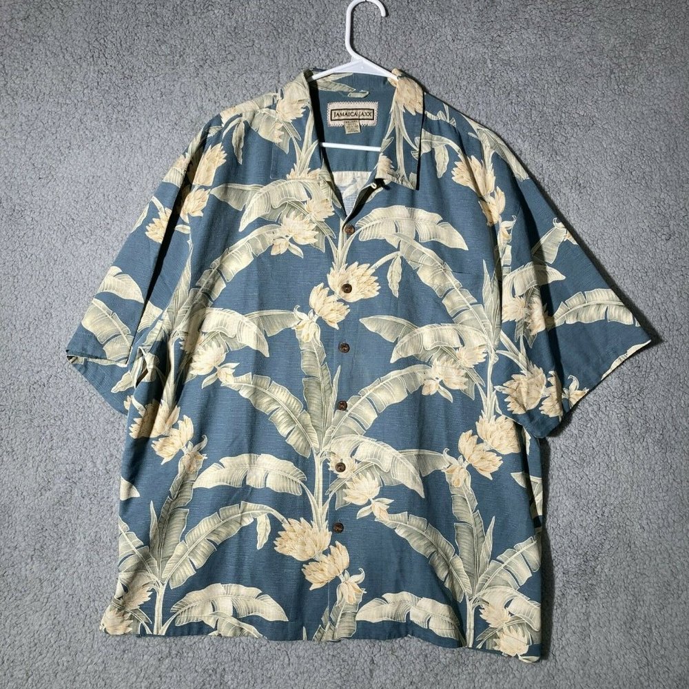 JAMAICA JAXX Mens XXL Hawaiian Shirt Button Down Short Sleeve Blue Tan 100% Silk